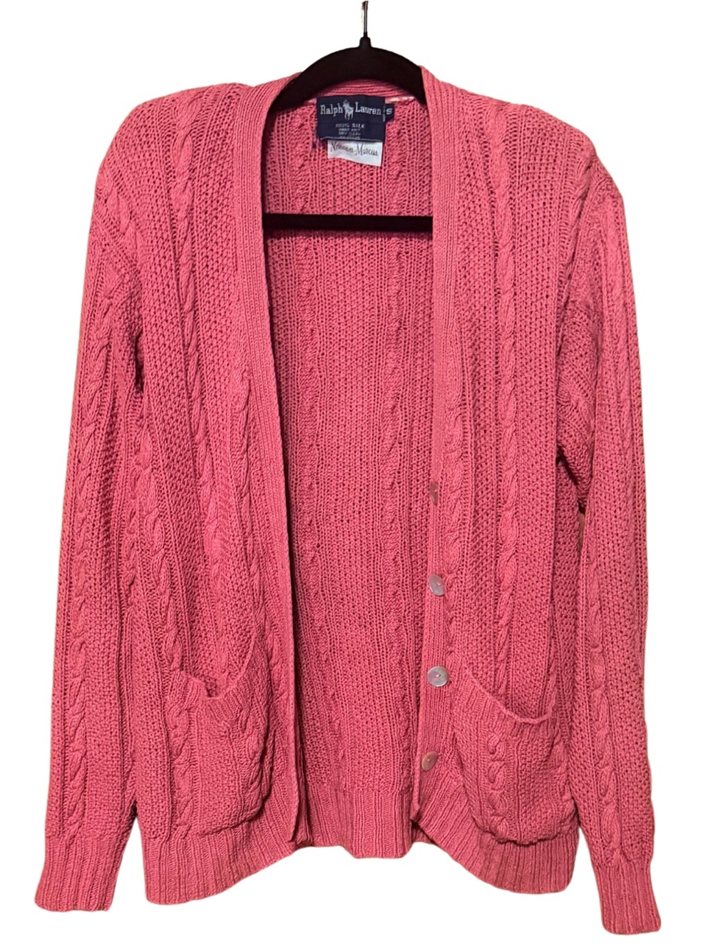 Vintage Ralph Lauren Neiman Marcus 100% Silk Hand Knit Pink Cardigan Sweater